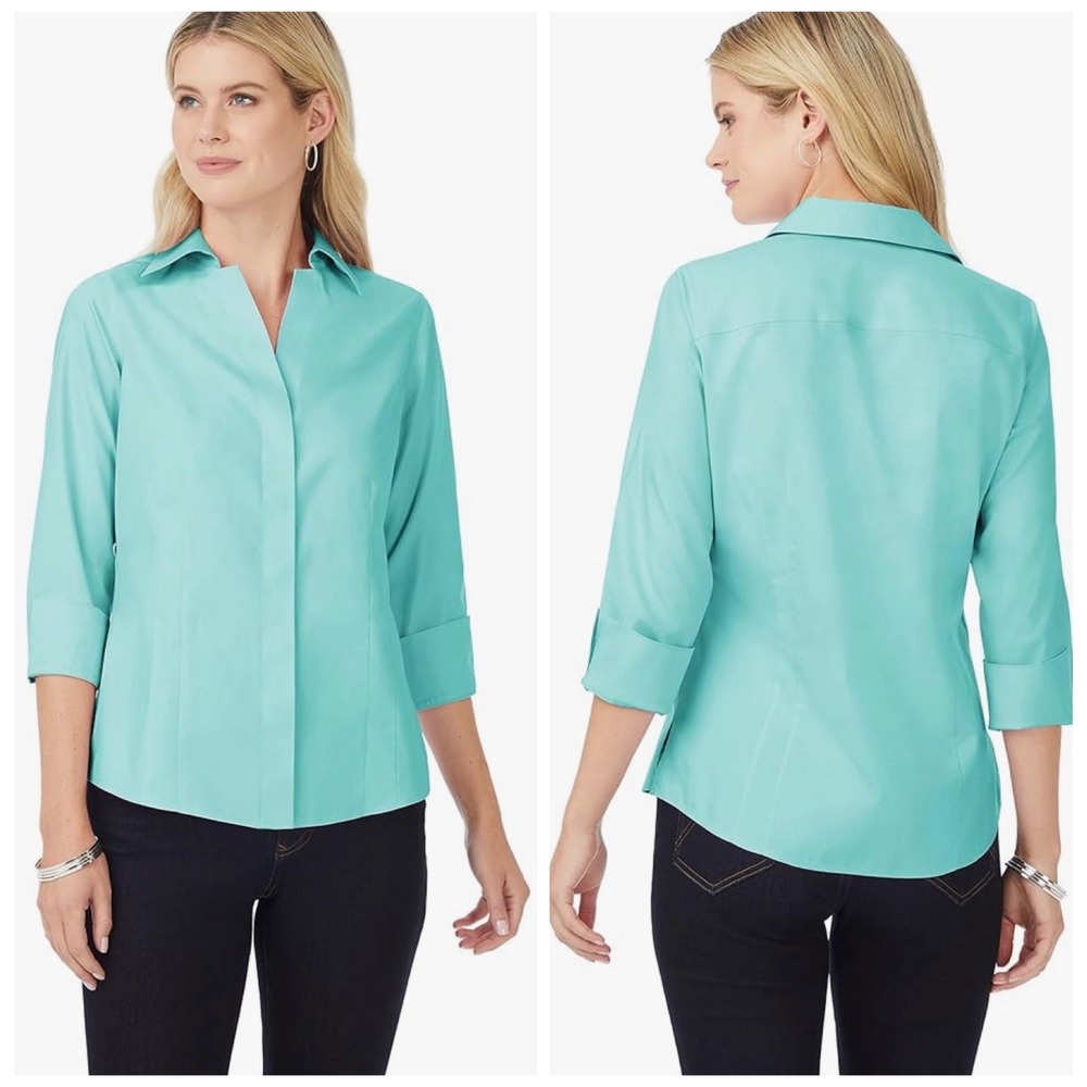 Foxcroft NYC Button Down Shirt Women 12 Blue Heritage Non-Iron Fitted 3/4 Sleeve
